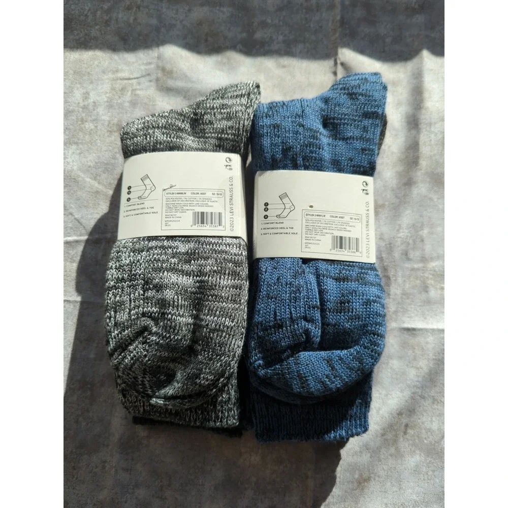 2-Levi's Mens Crew Sock Black/Blue/Gra Superior Comfort Embroidered Logo sz 8-12